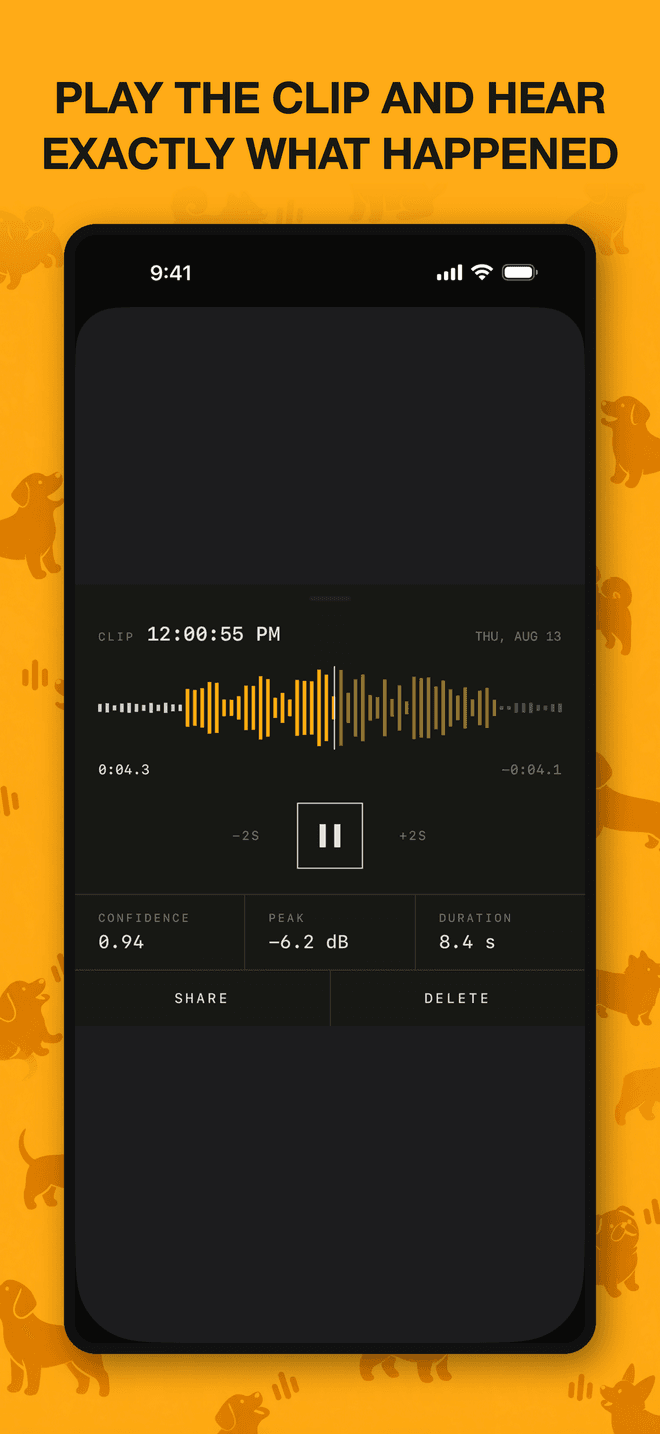 BarkWatch clip player with waveform, confidence, and duration