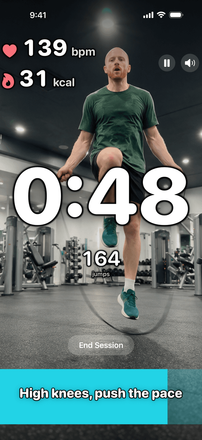 Jump Start camera workout with live jump count, countdown timer, heart rate, and a coaching cue