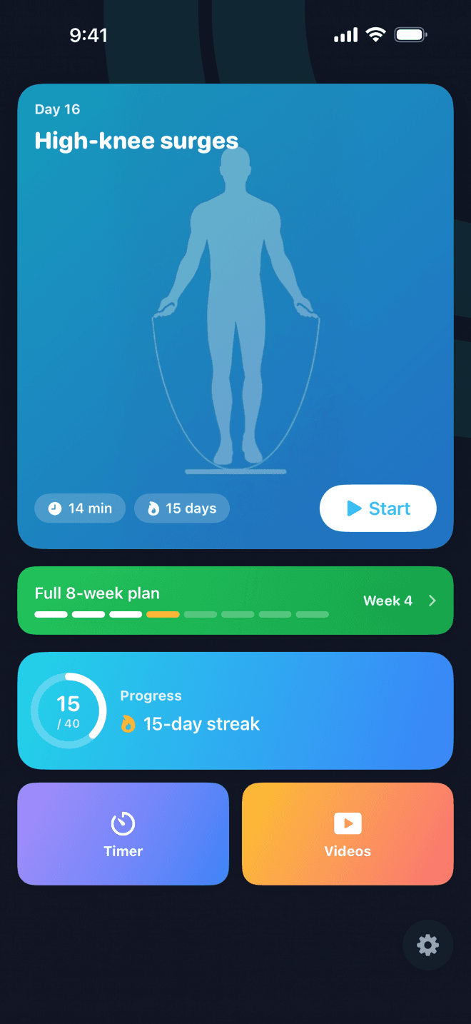 Jump Start home screen with today's session, 8-week plan progress, and streak