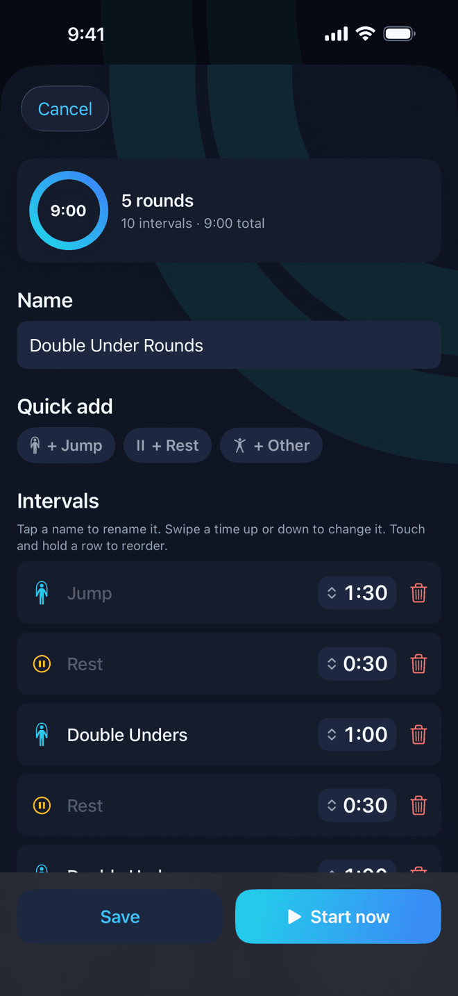 Jump Start custom interval workout editor